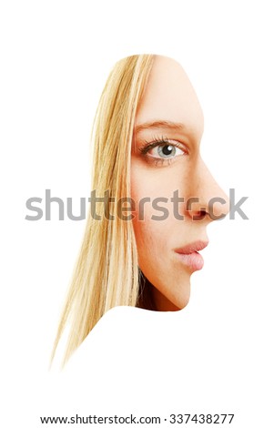 Front and side view of face of a young blonde woman