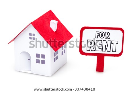 Little house made of paper isolated on white background with a sign for rent. Royalty-Free Stock Photo #337438418
