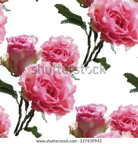 Seamless pattern with pink roses on white background. Vector illustration. Halftone effect.