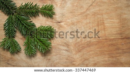 Christmas Green spruce twig on wooden old rustic background. New year.