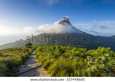 Tourist hikers up Cape Town, Table Mountain landscape, overlooking Lions Head peak Royalty-Free Stock Photo #337448660