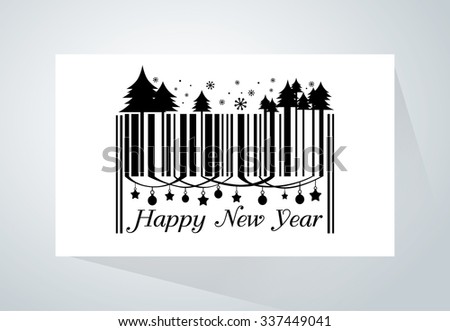 Barcode merge with Christmas theme and wording "Happy New Year" on white paper . This illustration meaning to new product, Christmas Sale, marketing and other same this.