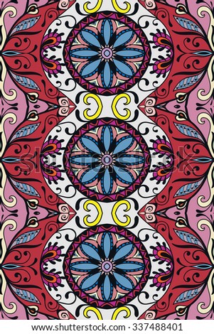 Vertical seamless pattern, floral geometric ornament, tribal ethnic arabic indian motif. Hand drawn abstract sketchy doodle background. Repeating fabric texture
