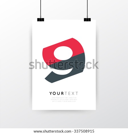 A4 / A3 format poster minimal abstract Number 9 design with your text, paper clips and shadow EPS 10 stock vector illustration 