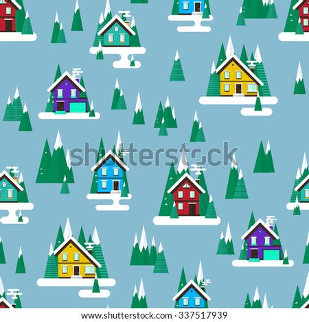 Vector winter landscape.Simple Flat design. Seamless pattern with buildings, trees and snow.