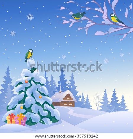 Vector cartoon drawing of a cute winter scene with a small snow covered house and a Christmas tree with gifts, snowy wonderland background