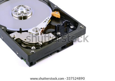Hard disk isolated on a white background. Selective focus.