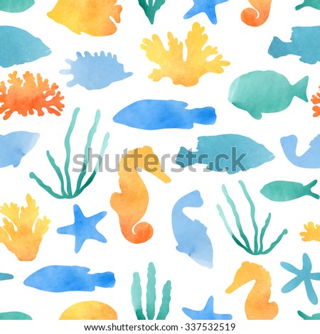 Marine seamless pattern. Vector illustration of tropical fish, shells, corals and other marine life, drawn by hand. Watercolor texture.