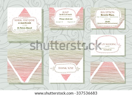 Set of wedding cards (invitation, thank you card, RSVP card and reception card) with stylish stripe design, based on triangles. Vector illustration, red and green.