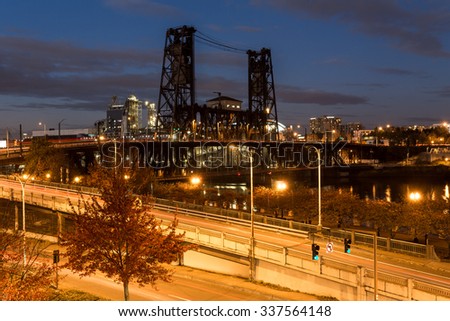 North Steel Bridge in Portland, Oregon at twilight
