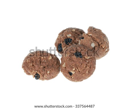 cookies with raisin with crumbs isolated on white background.