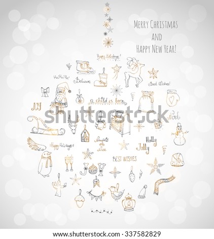 Hand drawn sketchy christmas elements Doodle vector illustration  Santa Claus, Snowmen, snowflakes, Christmas tree ice skating, deer, angel, Holly Jolly, decoration, Merry Christmas and Happy New Year
