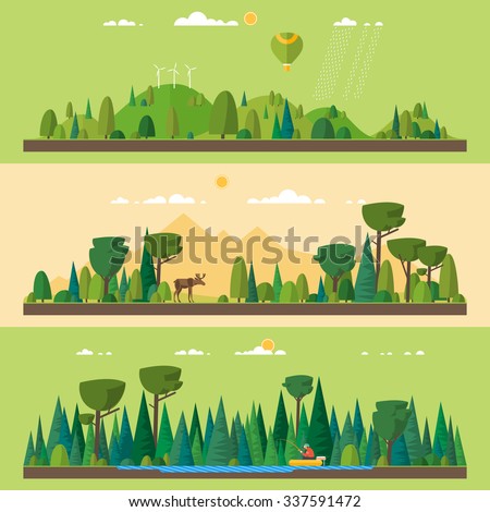 Vector flat illustrations - Eco style life. Abstract forest. Wildlife. Forest view. Fishing on the lake in the woods Royalty-Free Stock Photo #337591472