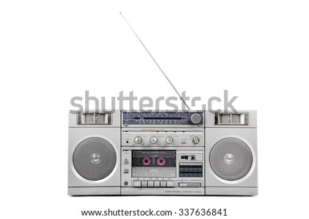 1980s Silver radio boom box with antenna up isolated on white. front