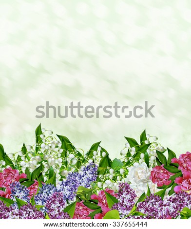 Floral background. Flowers lilies of the valley. peony