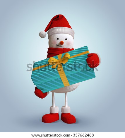 snowman holding wrapped gift box, 3d character illustration, festive clip art isolated on white background
