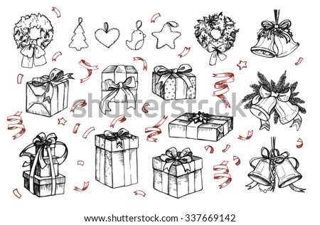 Mega vintage set. Hand drawn vector illustrations - merry christmas (gifts, wreaths, confetti, bells, christmas toys).  Perfect for invitations, greeting cards, quotes, blogs, posters and more