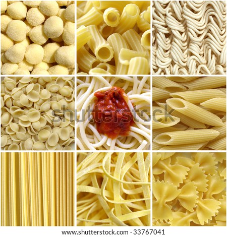 Pasta collage including 9 pictures of food