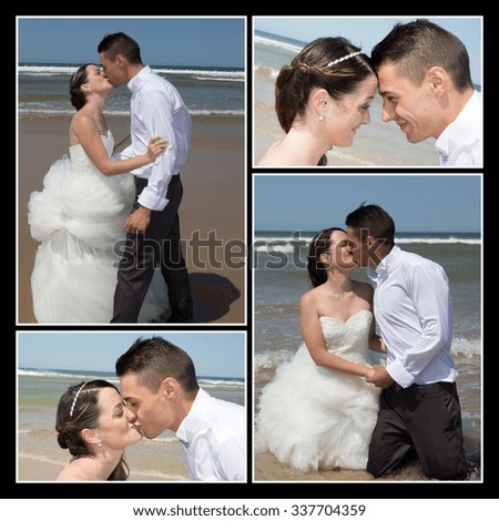 Collage of pictures of a wedding couple