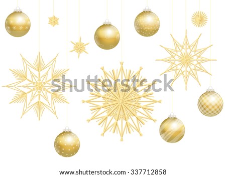 Christmas balls and straw stars, golden decoration. Isolated vector illustration over white background.