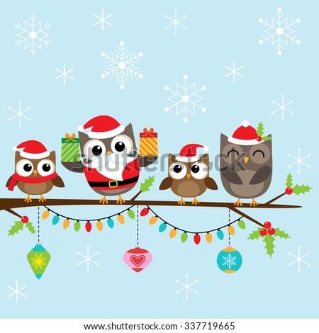 Christmas card with family of cute owls