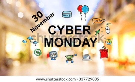 Cyber Monday - November 30 text on blurred illuminated shopping mall background
