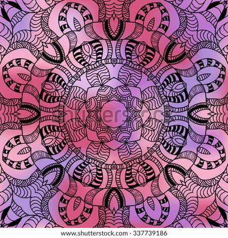 Vector seamless ornamental lace pattern on colorful blurred background. Mandala pattern. 