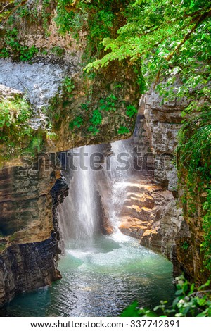 Martvili canyon in Georgia. Beautiful natural canyon and amazing waterfall of the mountain river