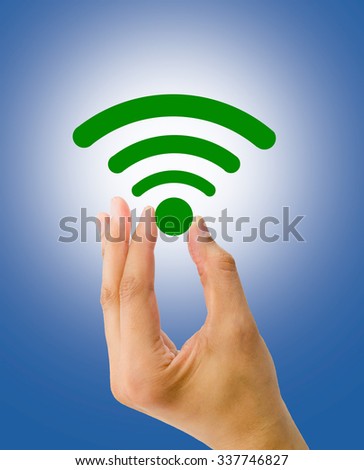 hand holding the wireless icon with great coverage on a blue background