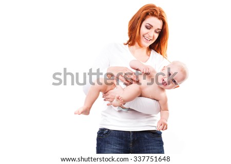 Picture of happy mother with adorable baby isolated on white