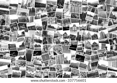 Asymmetrical mosaic mix collage of 200+ photos of different places, landscapes, objects  shot by myself during Europe travels black and white