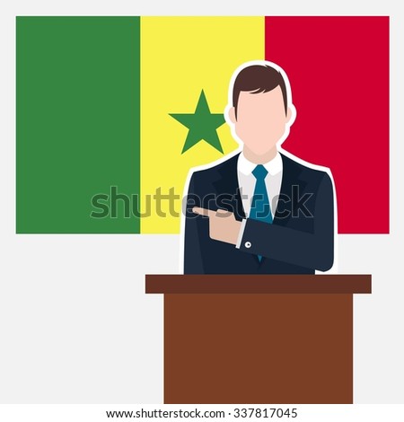 Man in suit standing at rostrum Front of Senegal Country Flag Pointing to the flag. Business man Presentation conference concept. Modern flat design vector background illustration.