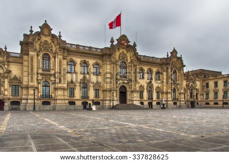 Lima, Peru: Government Palace , Residence of the President ,known as House of Pizarro in the Historic Centre of Lima, Unesco World Heritage Site, Royalty-Free Stock Photo #337828625