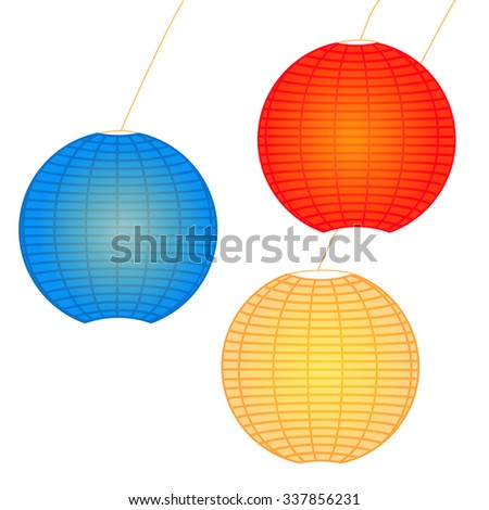 Chinese or japanese hanging lighting paper wish lanterns on white background, traditional Feng Shui symbol of hope and joy, Mid Autumn Festival, vector isolated illustration