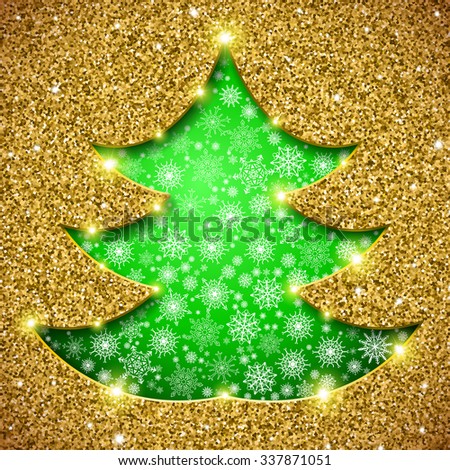 Christmas tree card with glitter and showflakes
