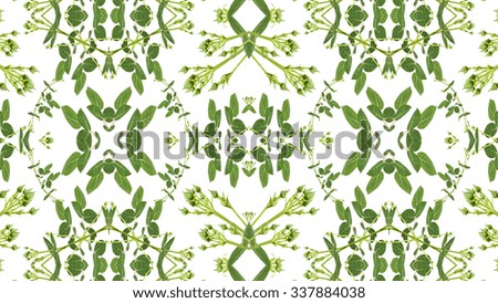 Digital collage and manipulation technique geometric modern floral seamless pattern design in green and white colors.