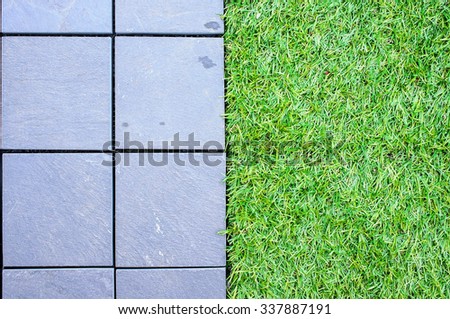 Artificial grass and brick tile floor, Decorative floor pattern in garden