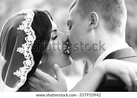 Closeup view of young beautiful happy kissing wedding couple of brunette woman in veil and man embracing girl, horizontal picture