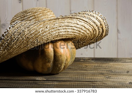 Photo rustic autumn still life one big whole fresh orange pumpkin in feminine straw hat with wide flaps broad brim on wooden table on timber background, horizontal picture 