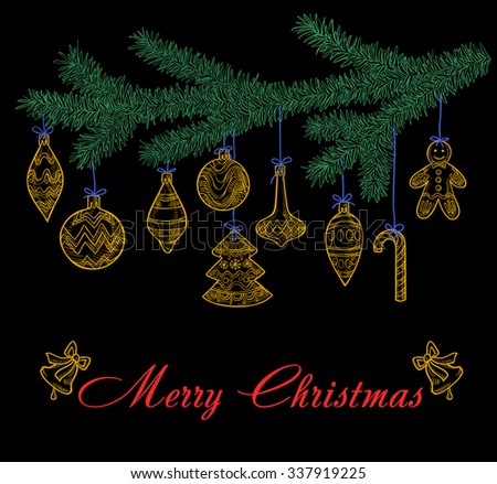 Christmas tree branch with holiday toys, balls and sweets as a card with space for text