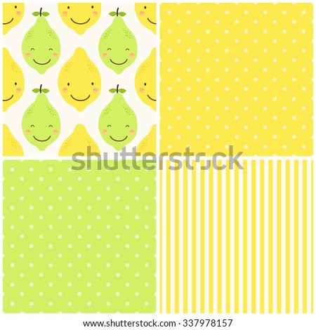 Cute set of seamless patterns of citrus fruits characters: lemon and lime with simple textures of friendly colors for your decoration
