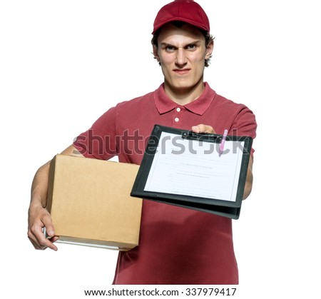Surly courier in red uniform with a box and tablet requires subscribe /  isolated on white background