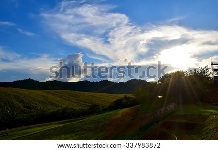 blue sky and white cloud, mountain background.  travel and adventure concept.