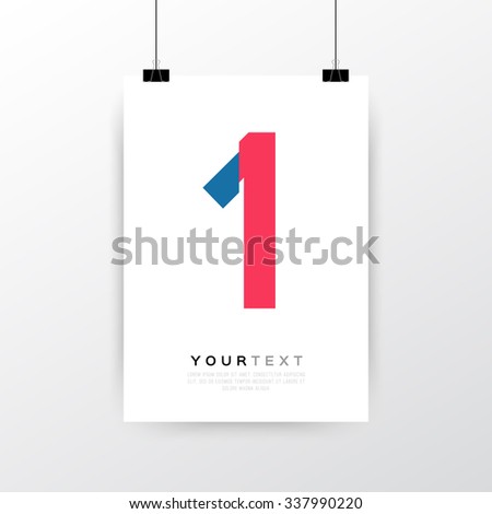 A4 / A3 format poster minimal abstract Number 1 design with your text, paper clips and shadow EPS 10 stock vector illustration 