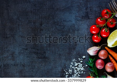 Close up of colorful spices and fresh vegetables for cooking on dark metal background with space for text. Top view. Bio Healthy food ingredients.