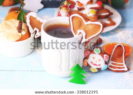 Christmas breakfast tea with Gingerbread Cookie baking cinnamon dessert