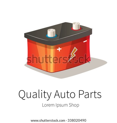 Vector illustration of auto spare parts. Battery, rechargeable cell accumulator. Car repair service and parts shop banner.