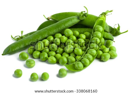 green pea pod, green peas, white background Royalty-Free Stock Photo #338068160