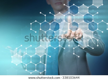 Hand of businessman touching cell on virtual screen
