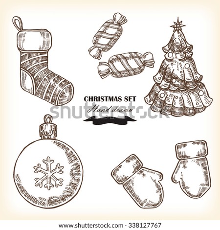 Hand drawn Christmas set. Christmas design element in sketch style. Vector illustration